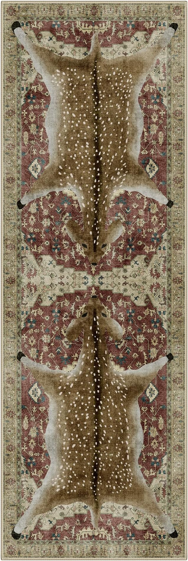 Bavni 2x6 Deer Rug, Machine Washable Soft Animal Print Runner Rug Non Slip Boho - Image 8