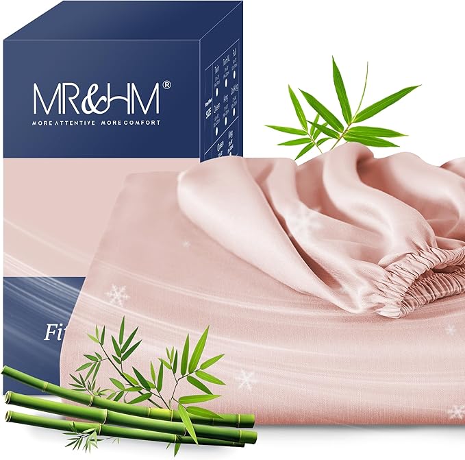MR&HM California King Fitted Sheet, Ultra-Soft Rayon Derived from Bamboo & Polyester Blend, Silky & Breathable, 15" Deep Pocket with Elastic Straps, Cooling Fitted Sheet for Hot Sleepers, Pink