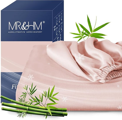MR&HM California King Fitted Sheet, Ultra-Soft Rayon Derived from Bamboo & Polyester Blend, Silky & Breathable, 15" Deep Pocket with Elastic Straps, Cooling Fitted Sheet for Hot Sleepers, Pink