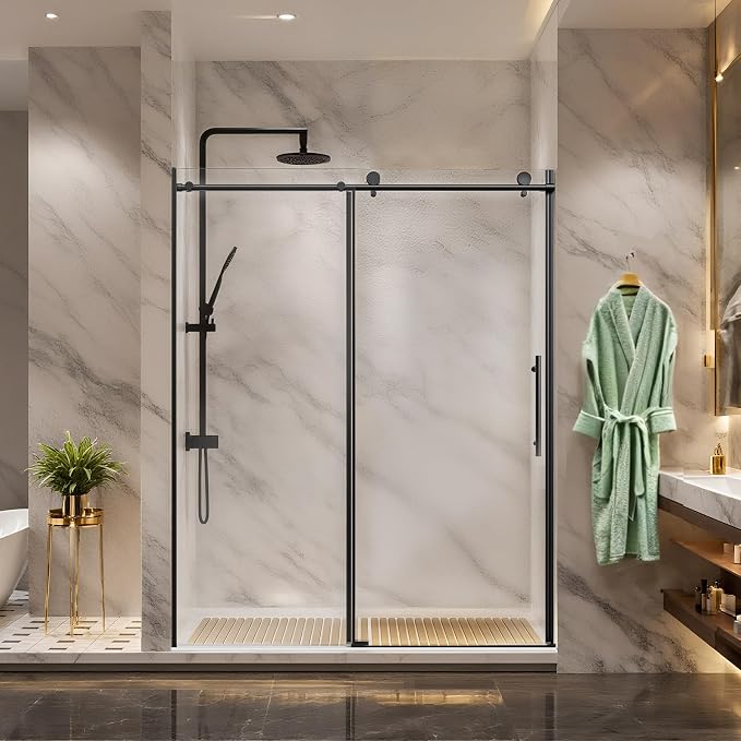 Frameless Sliding Shower Door 56-60" W x 76" H, 1/4" Tempered Glass Matte Black by Relaxcabine
