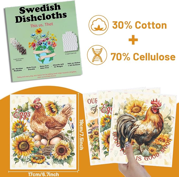Swedish Dishcloths for Kitchen, 6 Pack Farm Reusable Paper Towels Housewarming - Image 2