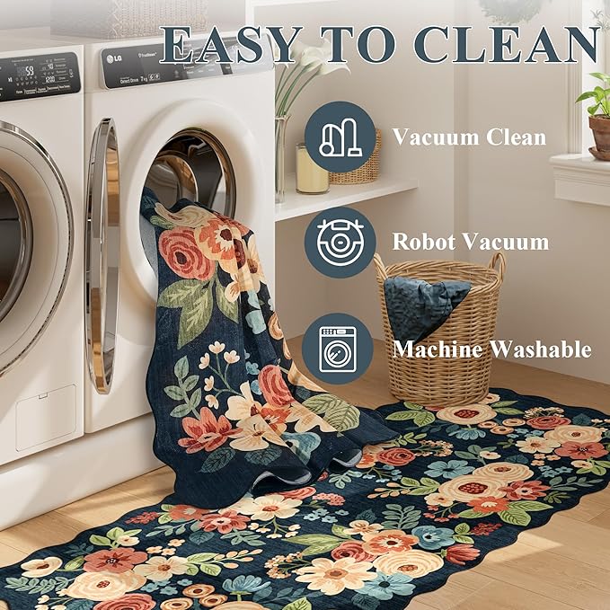 DUKINO 2.6x8 Runner Rug for Hallway, Washable Kitchen Rug with Non Slip Backing & Non-Shediing, Soft Low Pile Floral Design Runner for Bedroom, Kithchen, Living Room, Laundry, Bathroom, Navy Blue