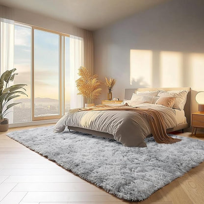 ONASAR Area Rugs 9x12 Living Room, Tie-Dyed Light Grey Large Fluffy Bedroom Rug, Washable Soft Plush Thick Shaggy Big Floor Carpet for Kids Boy Girls Teen Dorm Nursery Indoor Home Decor Aesthetic