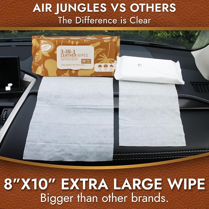 Air Jungles 3in1 Leather Cleaner Wipes 70 Count, Extra Large 8" x 10" Size - Image 2