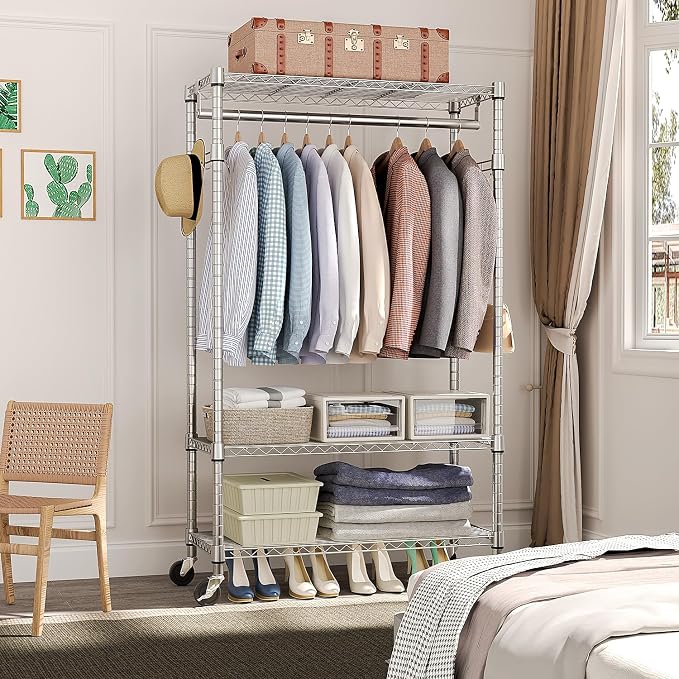 Heavy Duty Rolling Garment Rack 3 Tiers Adjustable Wire Shelving Clothes Rack - Image 7