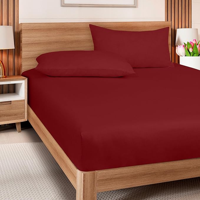 ROYALE LINENS 300 Thread Count 100% Long Staple Combed Cotton Fitted Sheet King - Super Soft Deep Pocket Bottom Sheet - Fitted Sheets Only - Elastic Sheets (King, Red)