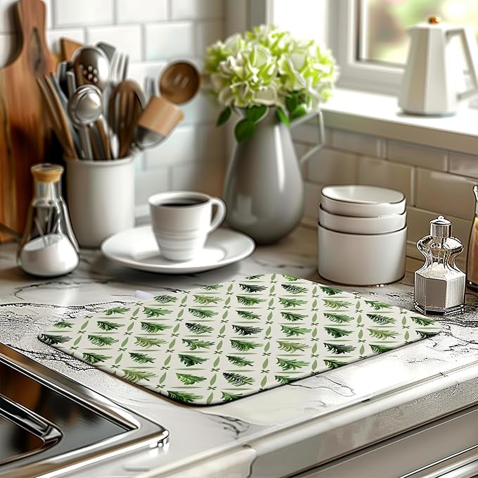 Christmas Dish Drying Mat for Kitchen Counter 16x18 Inch Sage Green Xmas Tree - Image 6