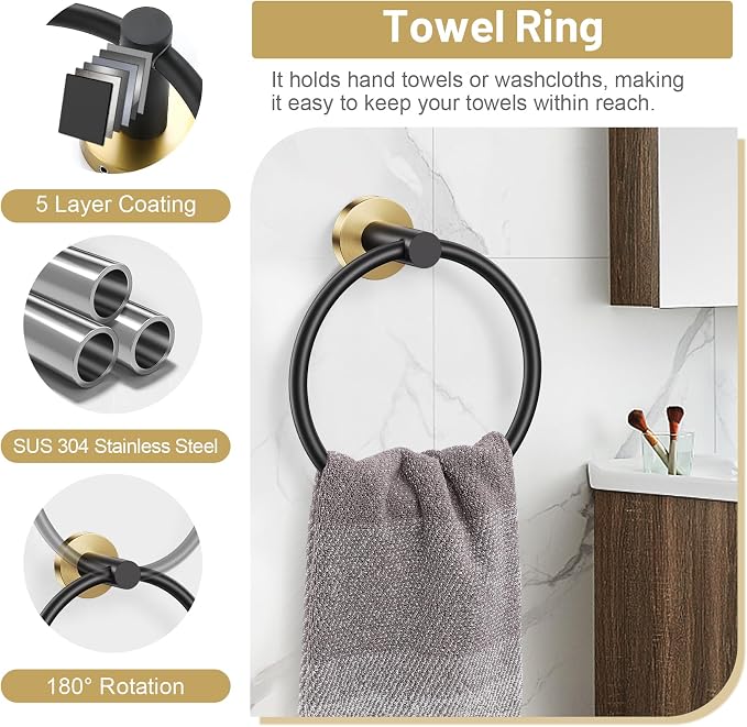 Black Gold Bathroom Hardware Set, 4-Piece Towel Holder Set Include Double Bases - Image 5