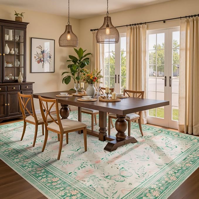 Floral Rug for Living Room Bedroom, 6x9 Washable Rug, Large Non Slip Low Pile - Image 3
