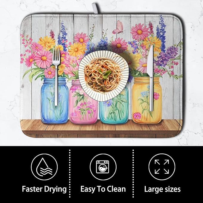 Daisy Dish Drying Mat for Kitchen Counter Spring Summer Flowers Vases Dishes - Image 4