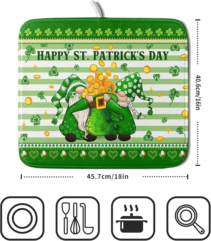 Shamrock Gnome Dish Drying Mat Coin Clover Dishes Fast Dry Mat 16x18 inch - Image 2