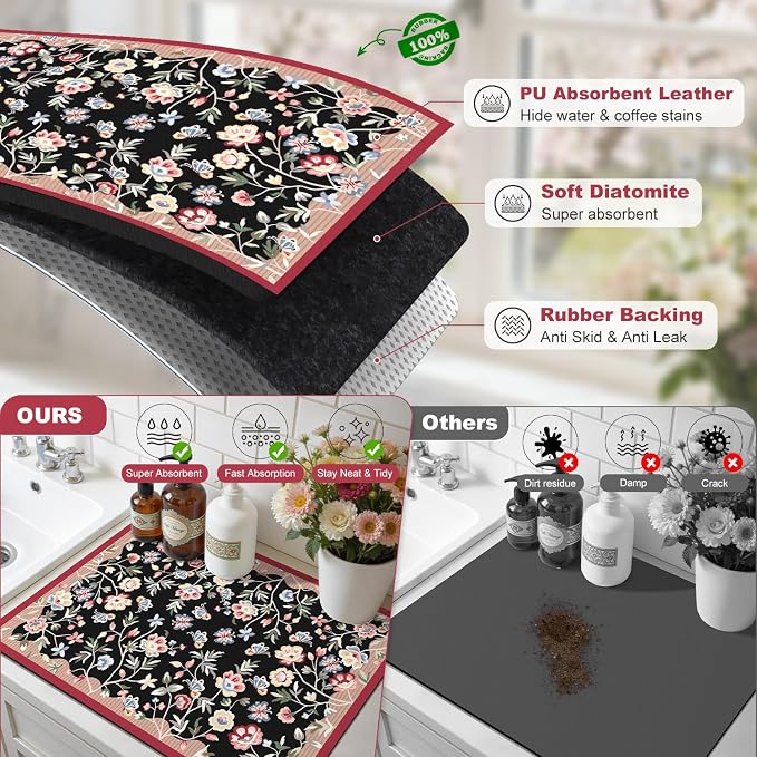 LOKHOM Floral Dish Drying Mat, Cuttable Hide Stain Drying Mat - Image 6