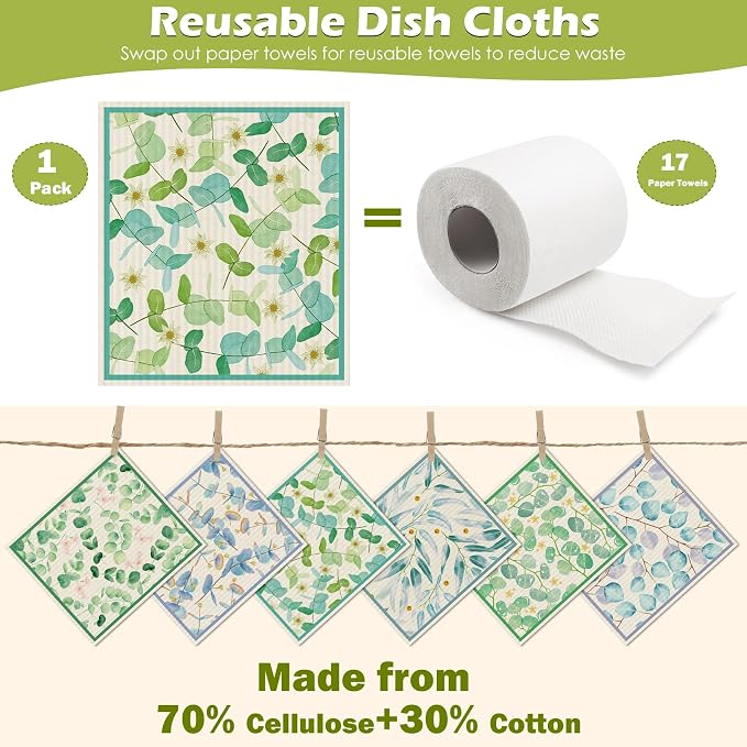 6 Packs Swedish Paper Cloths for Kitchen, Reusable Paper Towels Washable Dish - Image 3