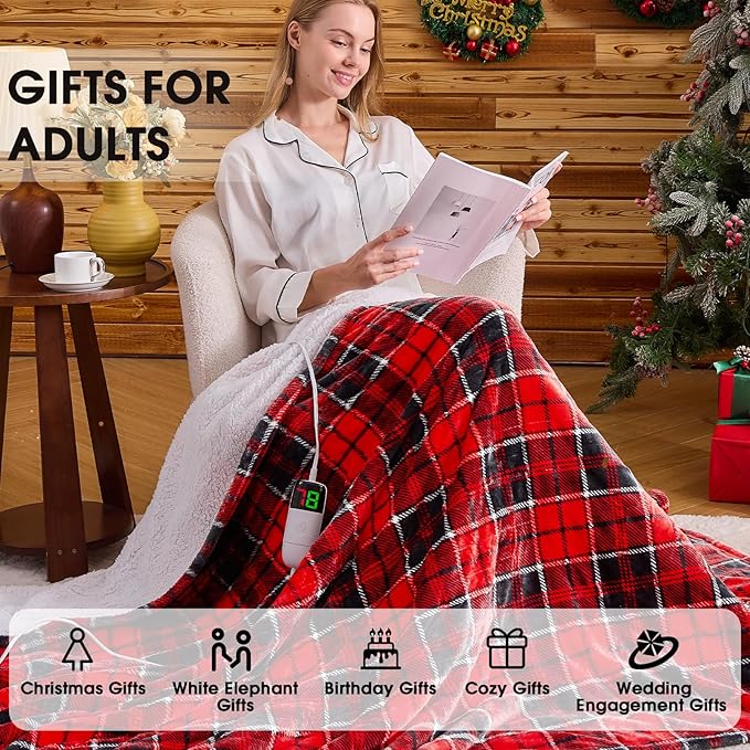 Heated Electric Blanket Full Size,72X84 Heating Blanket,Red Plaid Soft Sherpa Blankets Warmer Gift for Grandma Women Adult,Fast Heating Washable