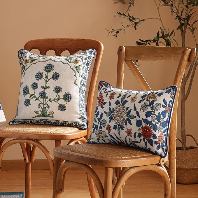patdrea Designer Throw Pillow Covers,Euro Elegant Linen with Colorful Blooming Floral Pattern Pillow Cover,Decorative Lumbar Pillowcases Cushion for Bed Living Room Outdoor Car,12"x20"