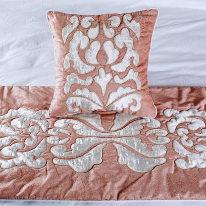 The HomeCentric Luxury Peach & Ivory Full 68 x 18 inch Bed Runner with 2 Pillow Cover, Velvet Applique Bed Scarf, Abstract Modern - Peach Elegance