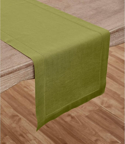 Solino Home Linen Table Runner 120 Inches Long - 100% Pure Linen Avocado Green Table Runner 14 x 120 Inch - Classic Hemstitch