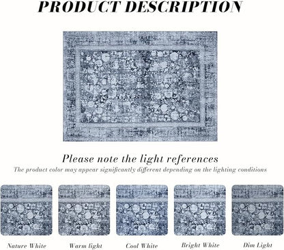 Area Rug 3×5, Vintage Boho Rug,Ultra-Soft Low Pile, Washable, Non Slip,Stain Resistant Printed Carpet for Living Room Bedrooms Playroom Office Kitchen, Solid/Blue