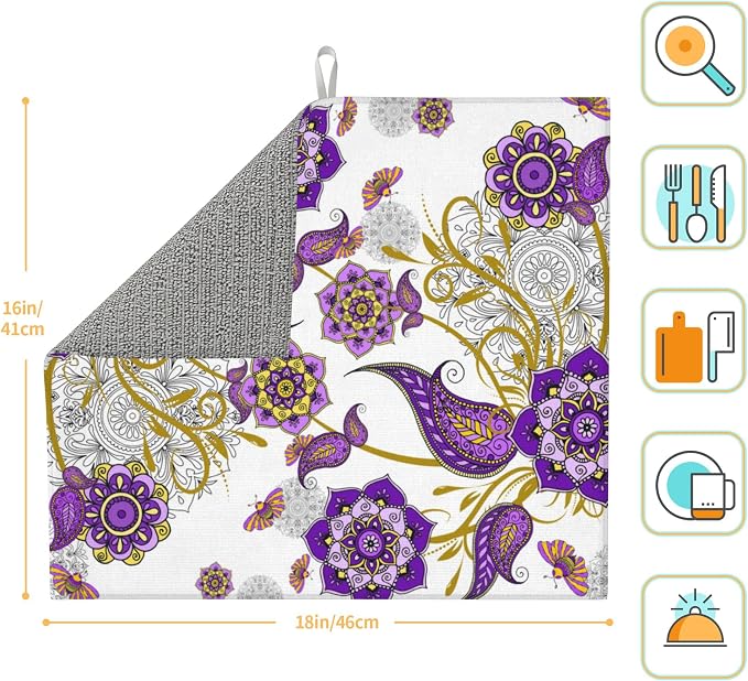 Boho Floral Dish Drying Mat for Kitchen Counter Washable Absorbent Reversible - Image 2