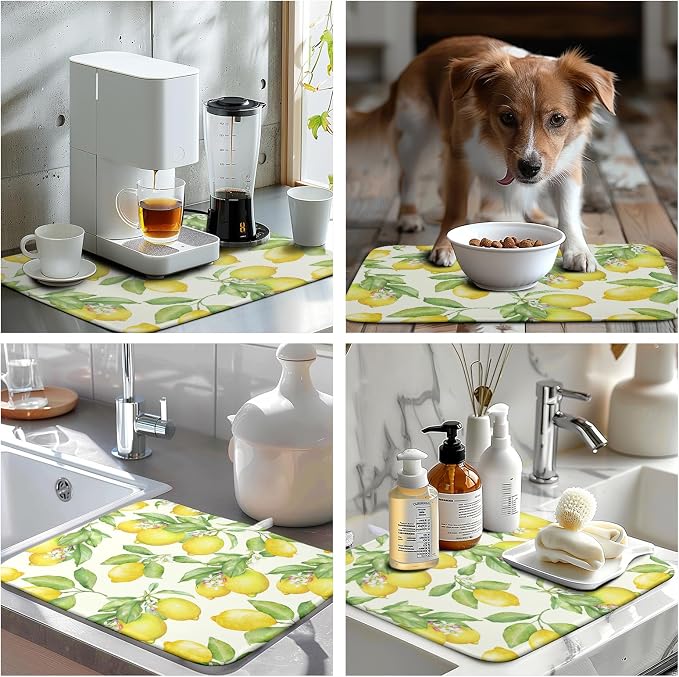 Lemon Kitchen Dish Drying Mat 16×18 Inch Summer Yellow Green Lemon Drying Mat - Image 7