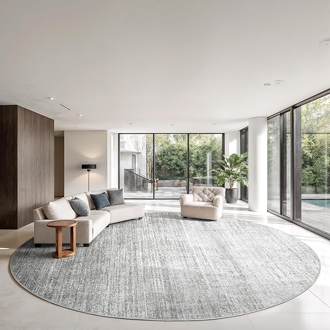 Valenrug Washable Round Area Rugs 8x8 - Stain Resistant 8ft Round Rugs for Living Room, Non Slip Backing Printed Rugs for Bedroom, Folable Machine Washable Area Rug (8ft, Grey)