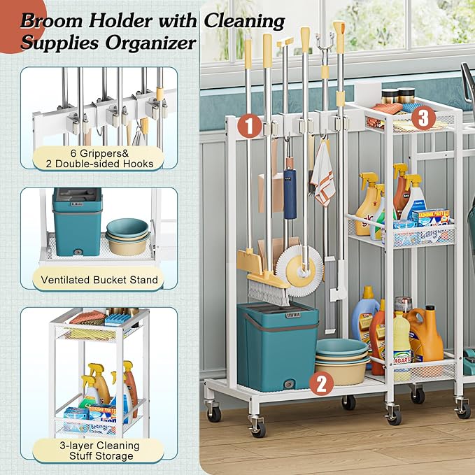 Broom Holder with Cleaning Supplies Organizer, Broom Closet Storage Cabinet - Image 4