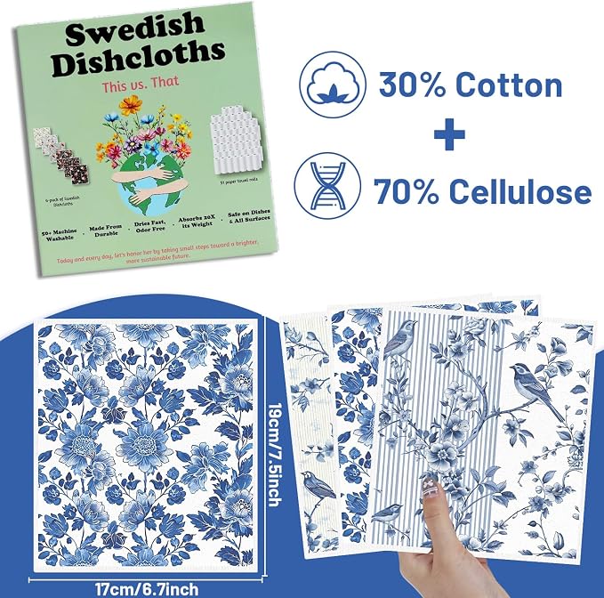 Blue Floral Swedish Dishcloths for Kitchen, 6 Pack Reusable Dish Paper Hand - Image 2