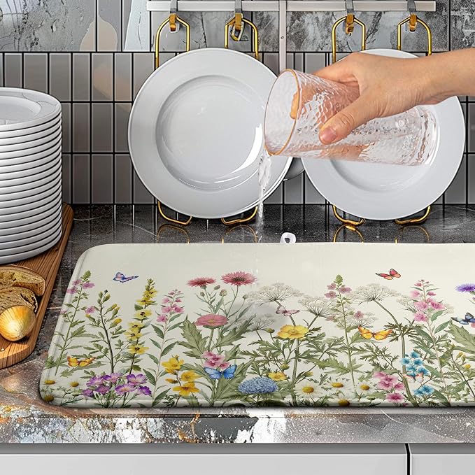 Spring Dish Drying Mat Summer Floral Flowers Kitchen Dish Drying Pad Absorbent - Image 4