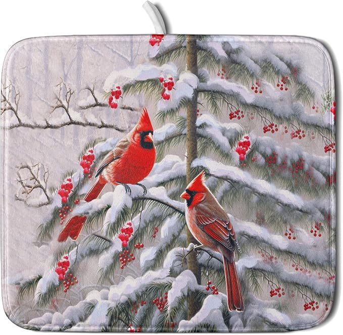 Red Birds Dish Drying Mat Winter Berry Dish Drainer Mats Absorbent Reversible by Giwawa
