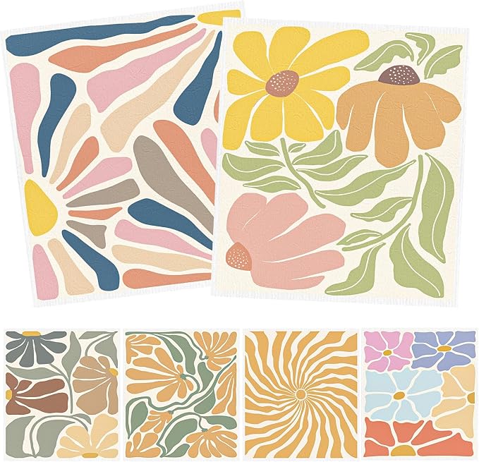 Boho Floral Swedish Dishcloths for Kitchen, Reusable Absorbent Cellulose Sponge by InIsaJace