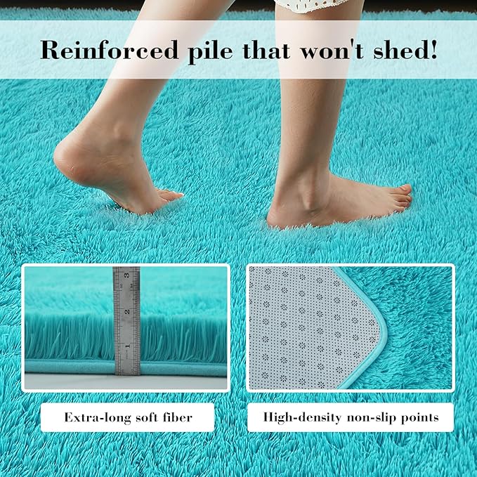 Teal Blue Rug Fluffy Rugs, 3x7 Teal Area Rugs for Bedroom, Soft Cute Baby Play Mat, Indoor Floor Carpet for Teen, Nursery, Preppy Dorm, Plush Aesthetic Bedside Rug