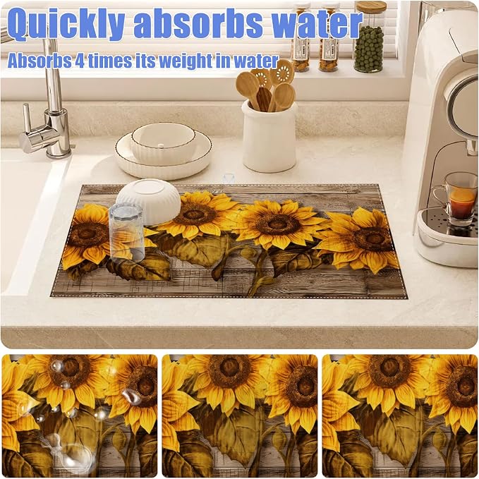 Vintage Sunflower Wooden Grain Dish Drying Mat - Image 4