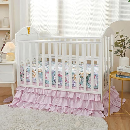 Brandream Crib Bed Skirt Dust Ruffle Triple Layer 100% Egyptian Cotton Sateen Silky Pink Purple Ruffled Baby Girls Nursery Bedding