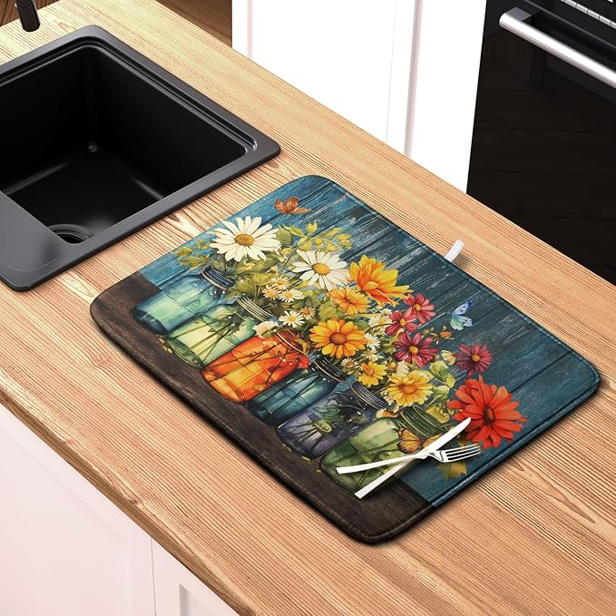 Daisy Dish Drying Mat for Kitchen Counter 16x18 Inch Rustic Vintage Flower - Image 6