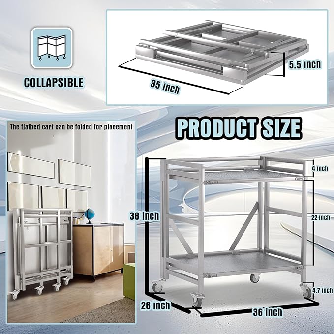 2 Shelf Rolling Cart with Wheels, 660lbs Capacity Collapsible Steel Rolling - Image 5