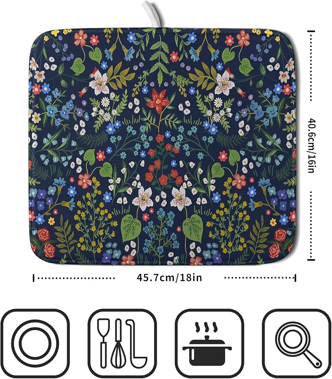 Flower Floral Dish Drying Mat Microfiber Navy Blue Absorbent Drying Pad - Image 2