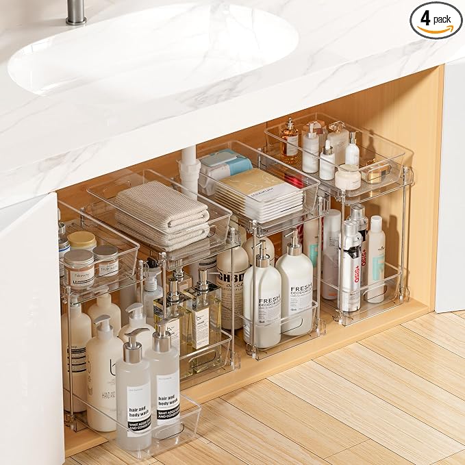 Vtopmart 4 Pack Higher Bathroom Organizer, 2 Tier White Under Sink Organizers by Vtopmart