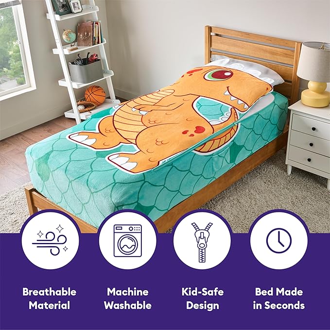 ZippySack Twin Bed Zip-Up Bedding – Super Soft Fleece Fitted Blanket with Side Pocket & Durable Zipper – Easy Bed-Making for Kids (Dinosaur)