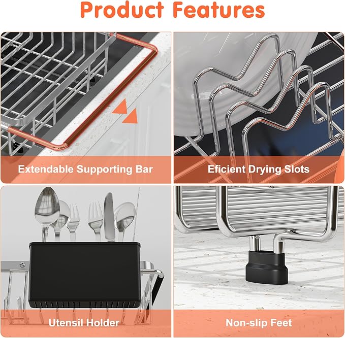 Small Expandable Over The Sink Dish Drainer Drying Rack In Stainless Steel Metal - Image 6