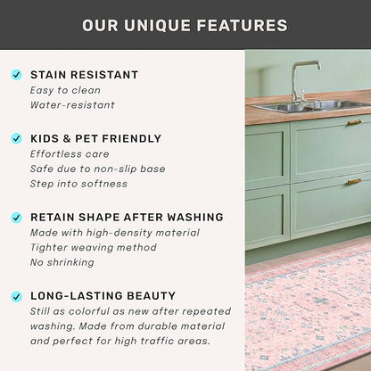 Washable Pink and Blue 7x9 Boho Rugs for Bedroom Girls, Living Room Kids Playroom Nursery Room, Modern Floral Distressed Design, Soft Low Pile Non Slip Stain Resistance Carpet