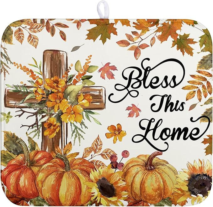 Fall Drying Mat for Kitchen Counter Autumn Thanksgiving Pumpkin Cross Dish Mat by Wnoesat