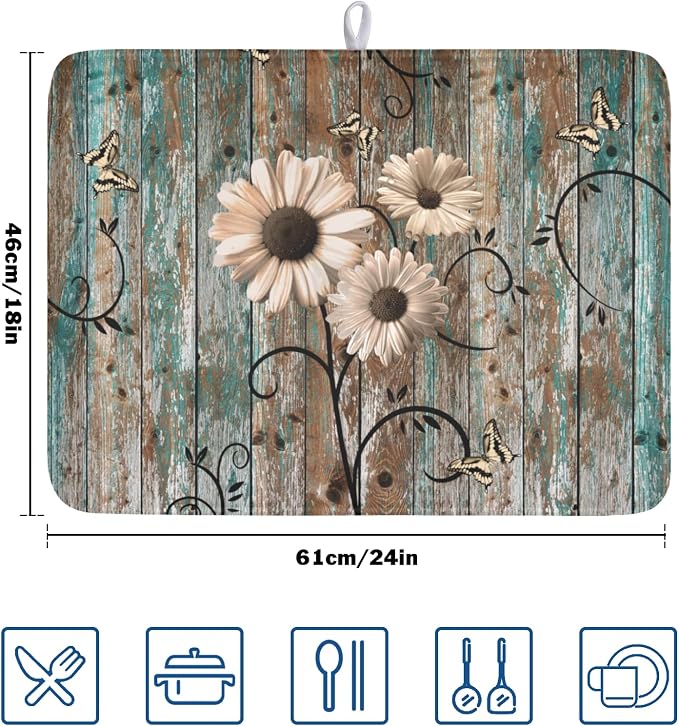 Spring Daisy Dish Drying Mat for Kitchen Counter 18 x 24 Inch Vintage Farmhouse - Image 2