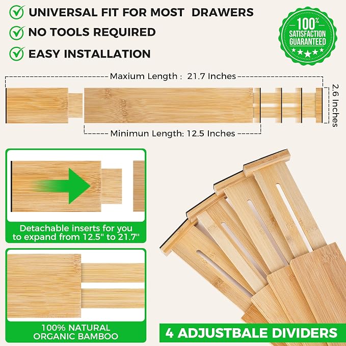Bamboo Drawer Dividers Organizer - Image 3