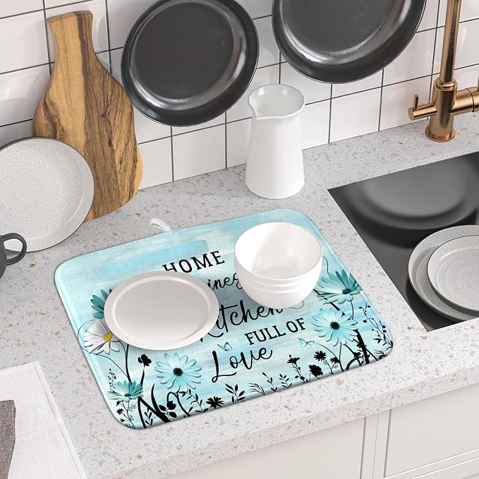 Blue Daisy Dish Drying Mat 16x18 Inch Love Kitchen Absorbent Microfiber - Image 6