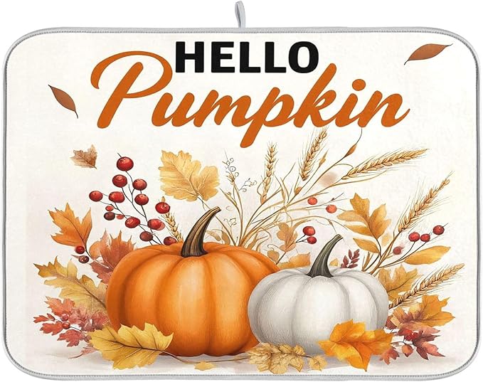Hello Pumpkin Dish Drying Mat for Kitchen Countertop 18x24 Fall Harvest Leaves by Wamika