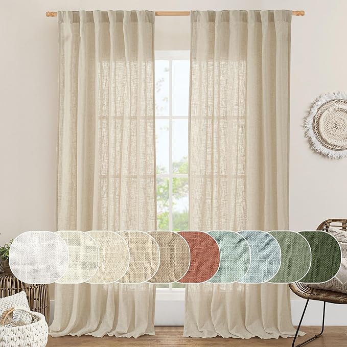 LAMIT 96 inch Linen Curtains for Bedoom, Light Filtering Semi Sheer Panels Back Tab and Rod Pocket Floor to Ceiling Curtains for Living Room, 2 Panels Set, Linen, 52 x 96 Inch
