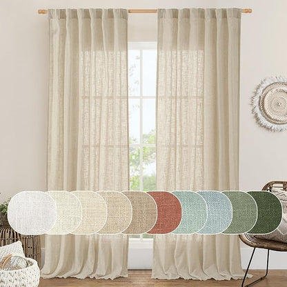 LAMIT 96 inch Linen Curtains for Bedoom, Light Filtering Semi Sheer Panels Back Tab and Rod Pocket Floor to Ceiling Curtains for Living Room, 2 Panels Set, Linen, 52 x 96 Inch