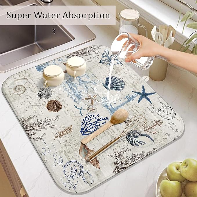 Ocean Dish Drying Mat for Kitchen Countert, Coastal Theme Farmhouse Style - Image 5
