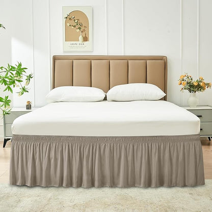 Biscaynebay Wrap Around Bed Skirts for King & Cal King Beds 15" Drop, Taupe Adjustable Elastic Dust Ruffles Easy Fit Wrinkle & Fade Resistant Silky Luxurious Fabric Machine Washable