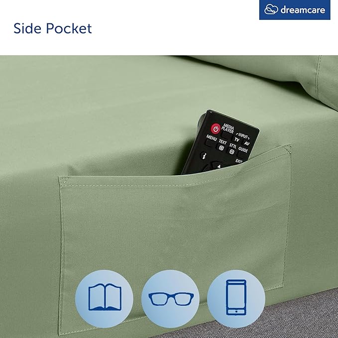 DREAMCARE Queen Sheet Set – 4 pcs Cooling Sheets – up to 21” Extra Deep Pocket Queen Sheets – Hotel Luxury Pillowcases – Superior Softness 100% Microfiber with Side Pocket - Sage Green